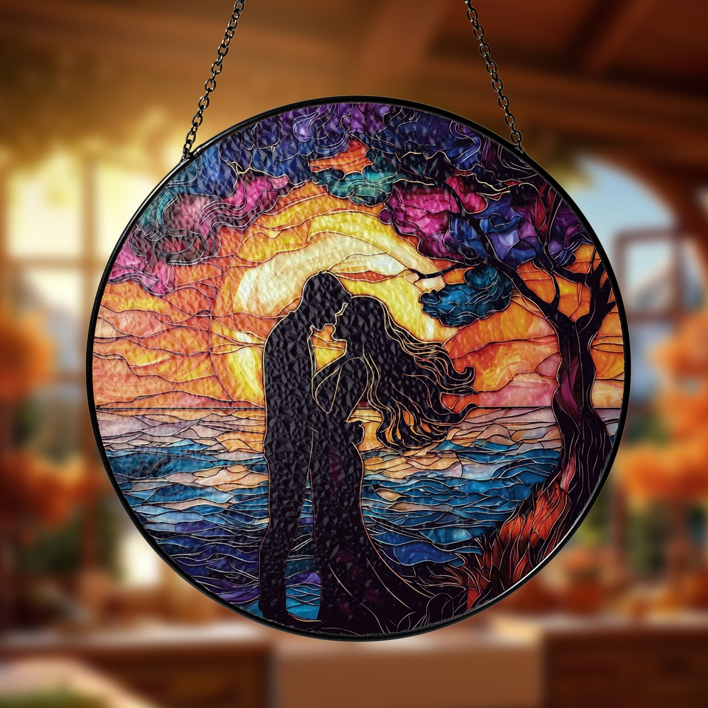 Netecom Romantic Couple Stained Glass Ornament – Sunset Silhouette Sun Catcher, Ideal Gift for Lovers