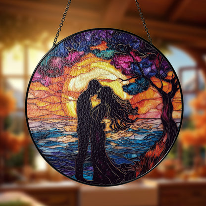 Netecom Romantic Couple Stained Glass Ornament – Sunset Silhouette Sun Catcher, Ideal Gift for Lovers