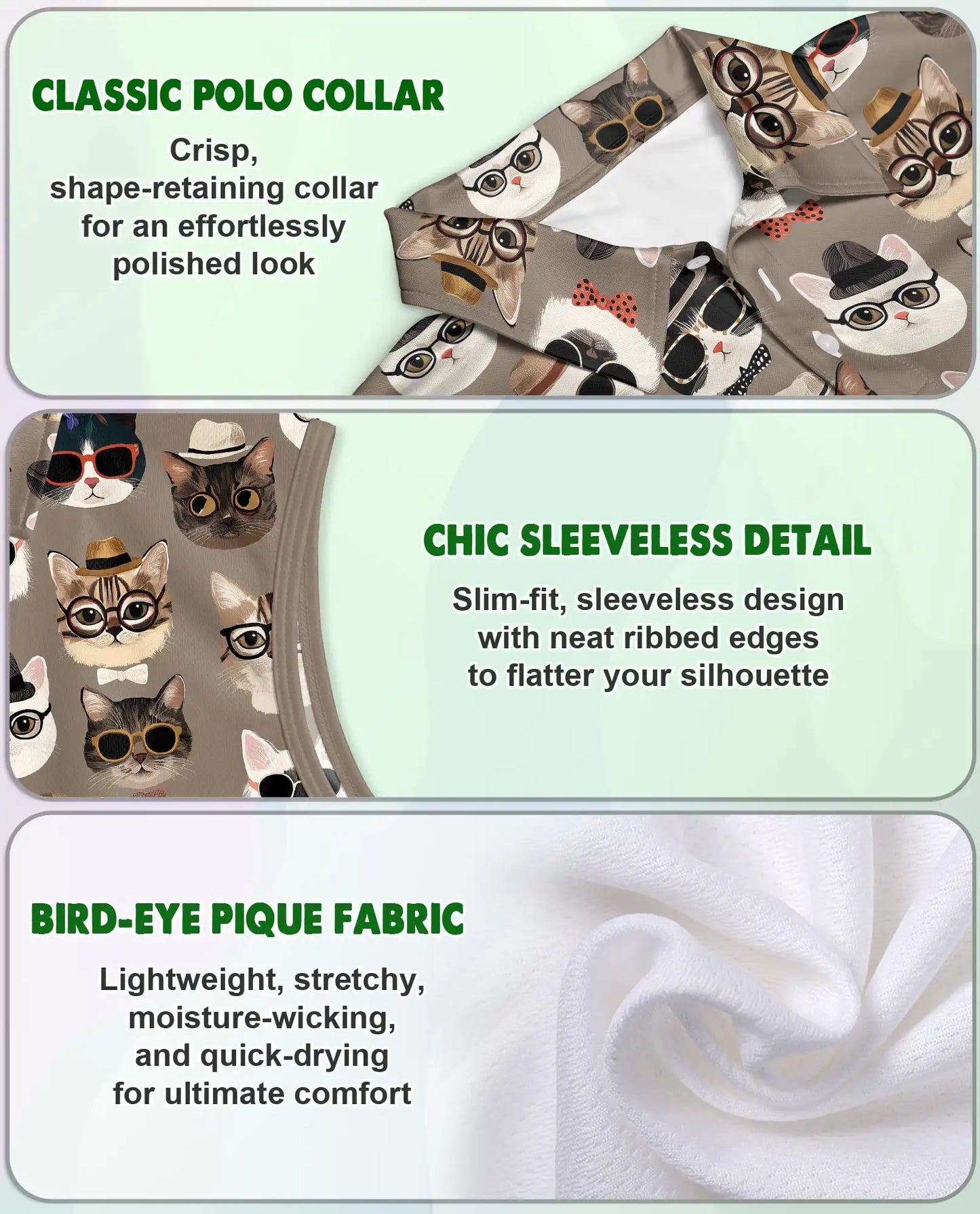 Cool Cats Print Sleeveless Polo Shirt for Women – Stylish Cat Lover Style | Netecom