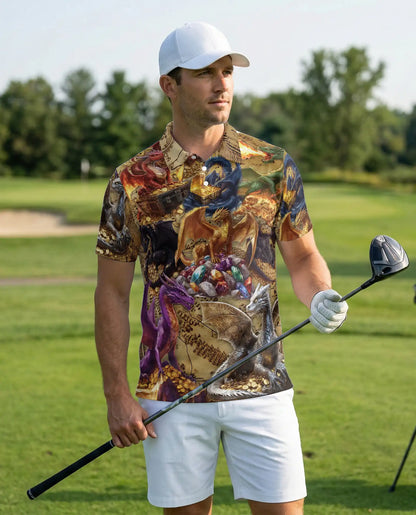 Dragon Treasure 3D Polo Shirt for Men – Fantasy Gold Hoard Art Style | Netecom