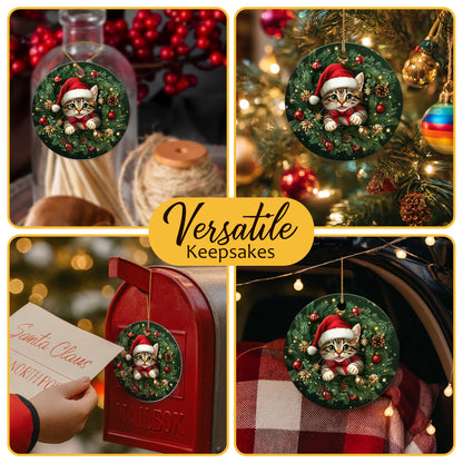 Netecom Cute Cat Christmas Ornament, Kitten with Santa Hat Ceramic Ornament for Xmas Tree Hanging Decorations Gift, Cat Lover Gifts, Holiday Party Present