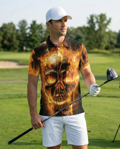 Flaming Skull 3D Polo Shirt for Men – Dark Gothic Fire Style | Netecom