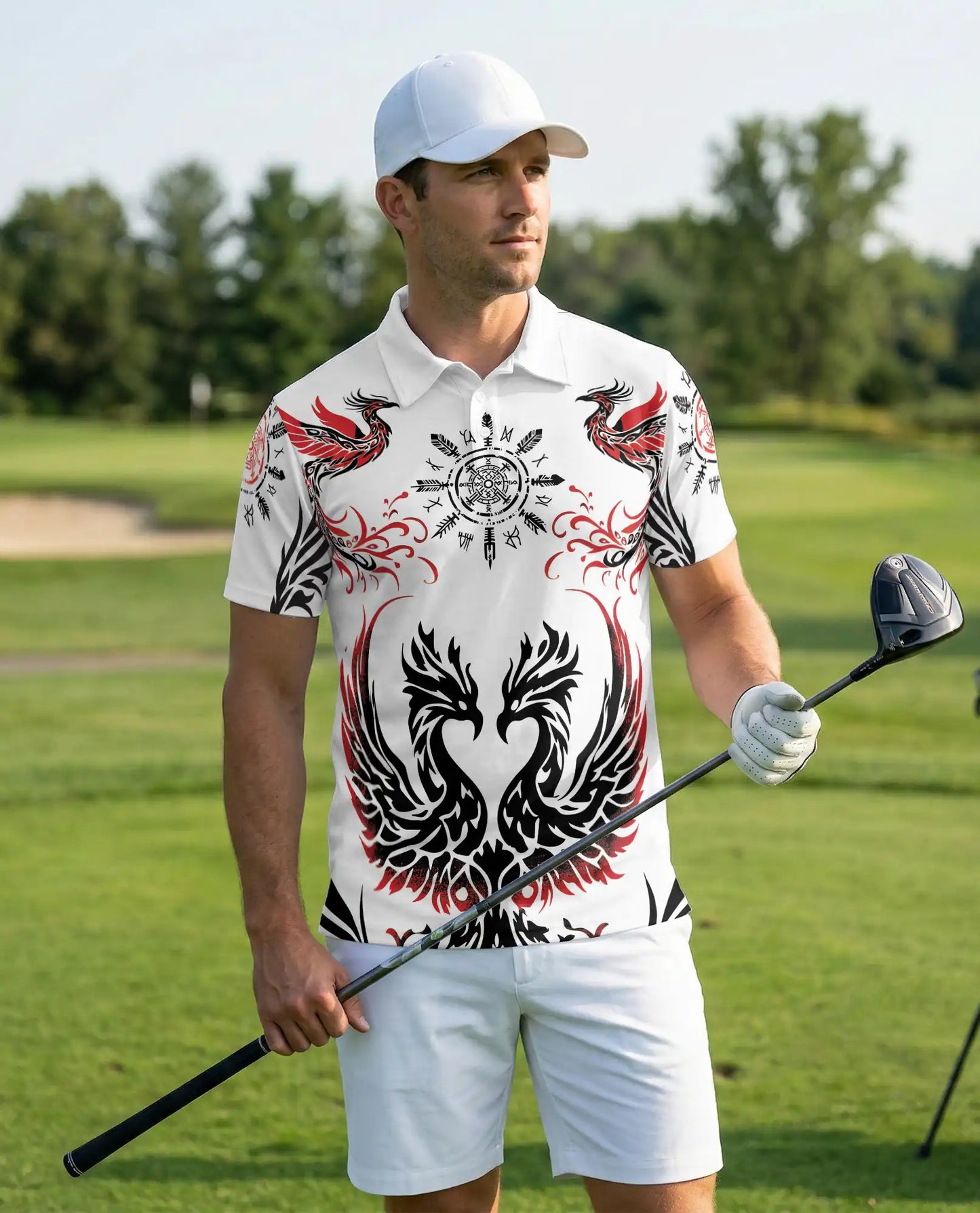 Phoenix Tribal 3D Polo Shirt for Men – Nordic Raven Symbol Style | Netecom
