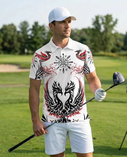Phoenix Tribal 3D Polo Shirt for Men – Nordic Raven Symbol Style | Netecom