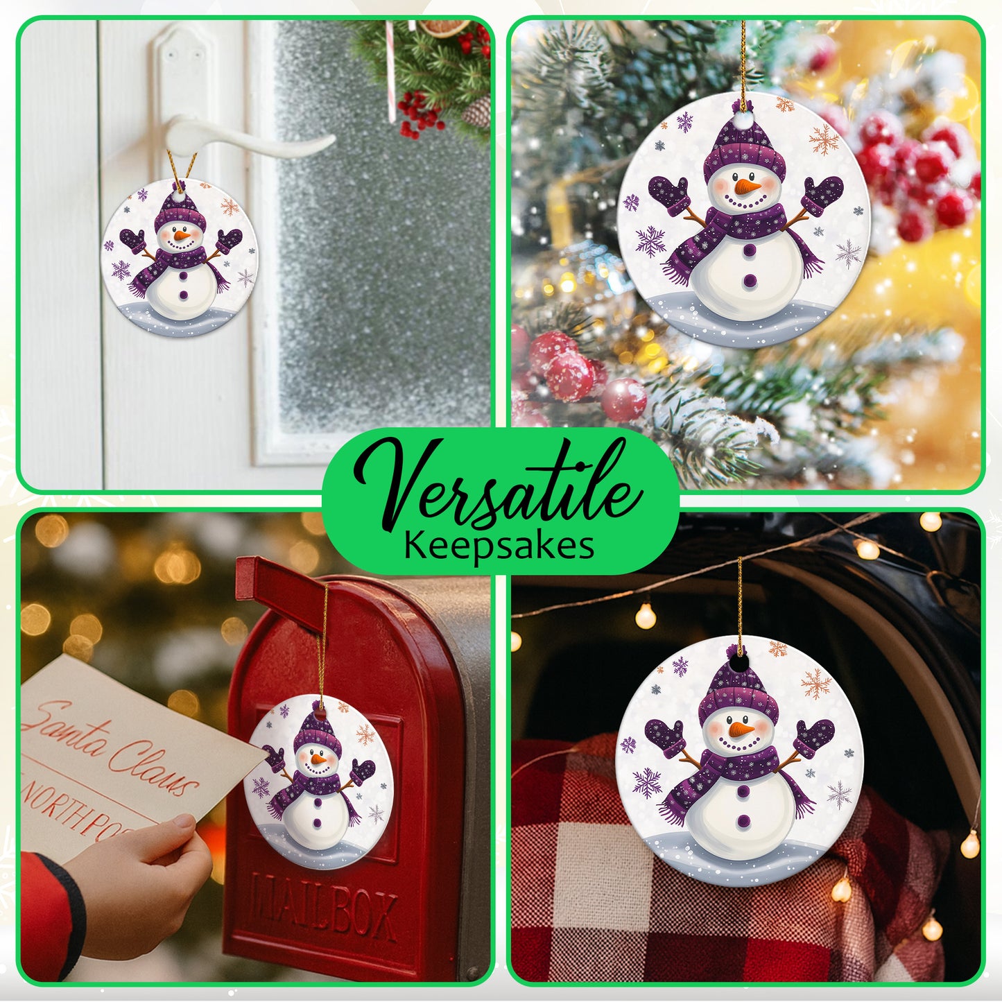 Netecom Funny Purple Snowman Christmas Ornaments, Cute Ceramic Winter Snowman Keepsake Ornament for Christmas Tree Decorations, Gifts for Holiday, Party, Home Decor