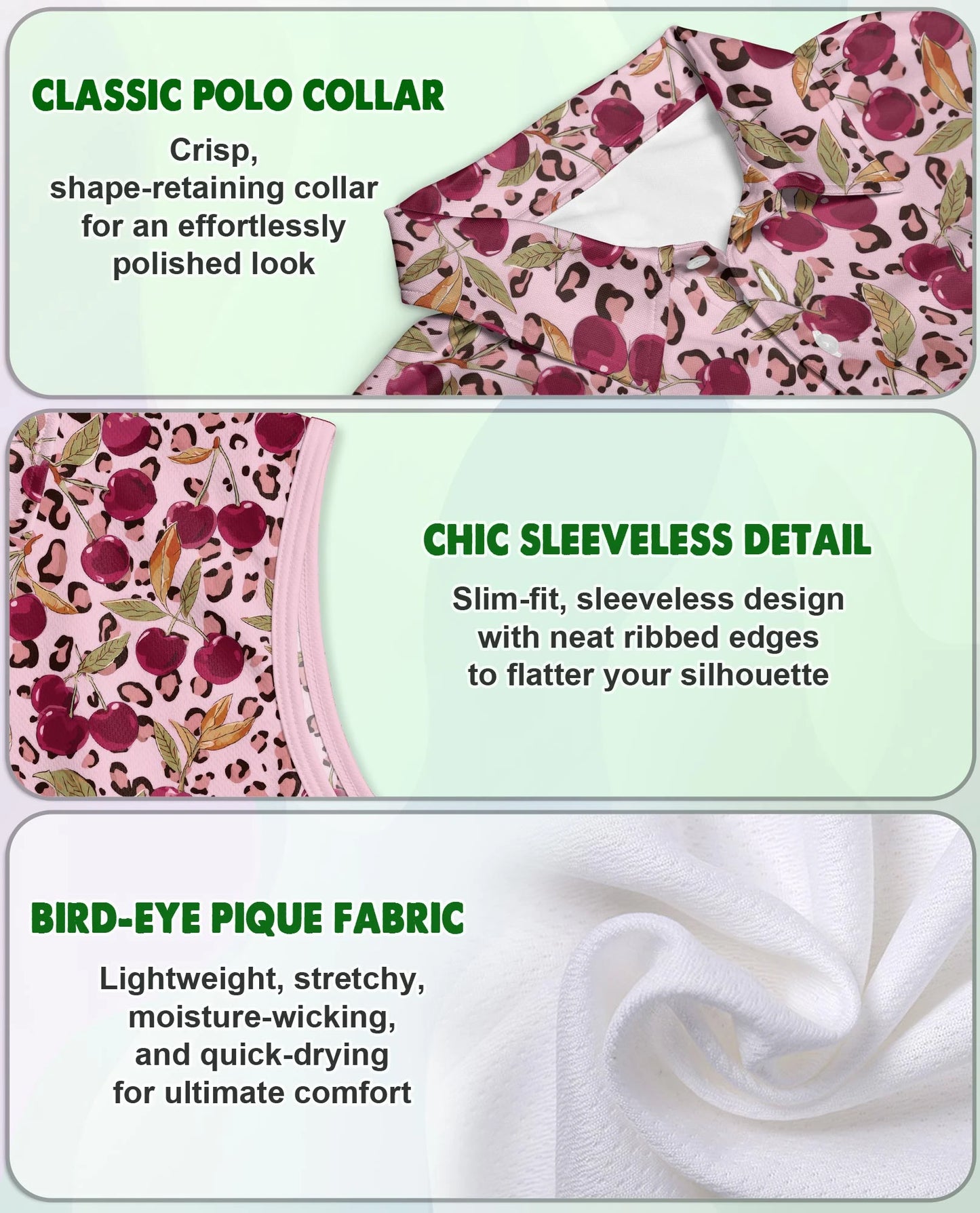 Pink Leopard Cherry Sleeveless Polo Shirt for Women – Cute Wild Fruit Style | Netecom