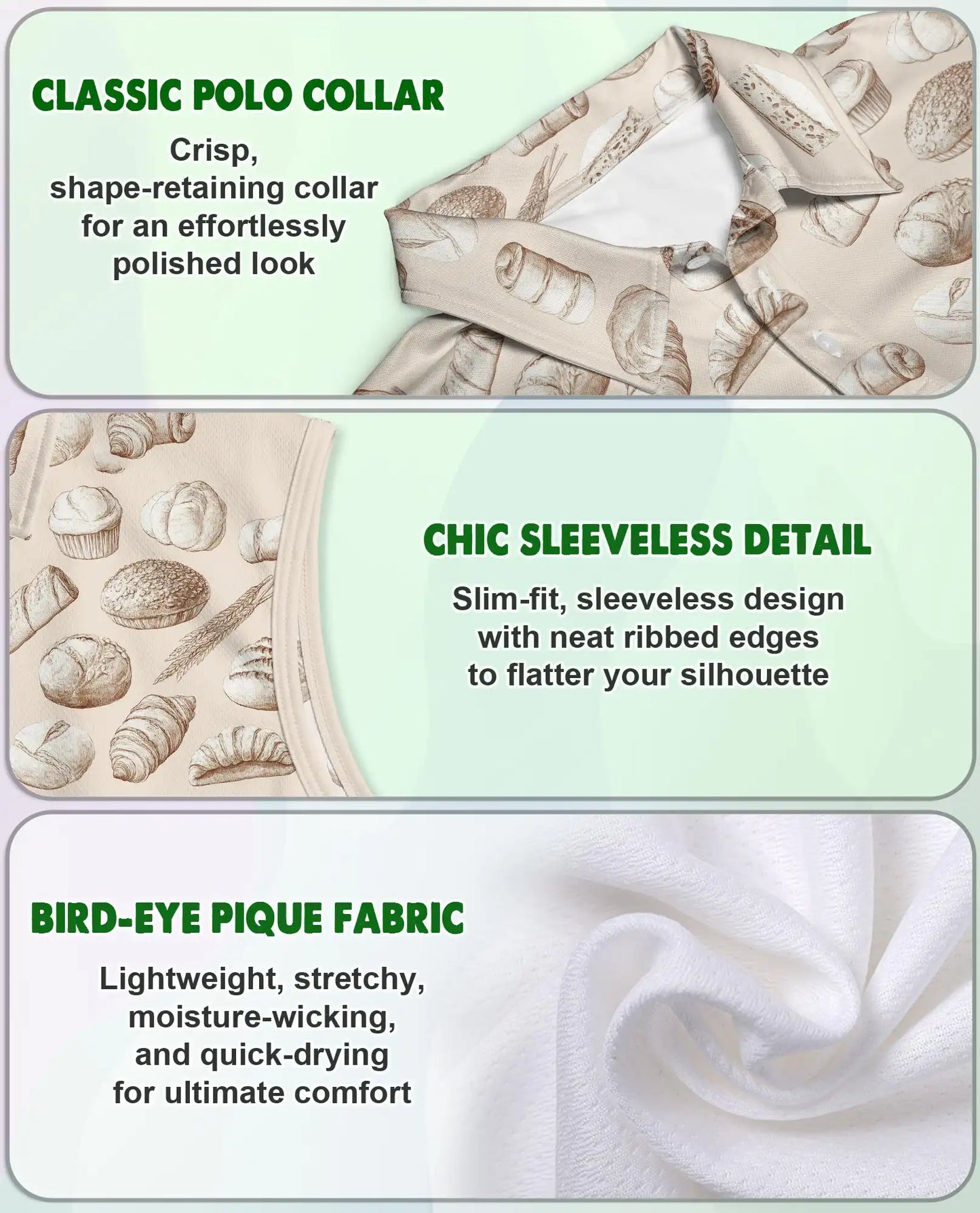 Pastry Pattern Sleeveless Polo Shirt for Women – Cute Bakery Food Style | Netecom