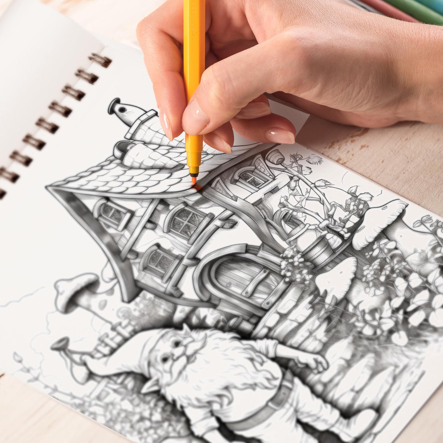 Enchanting Gnomes House Spiral Bound Coloring Book, Delve into 30 Intricate Coloring Pages, Unveiling the Playful Gnomes and their Lively Interactions in and around their Charming Houses