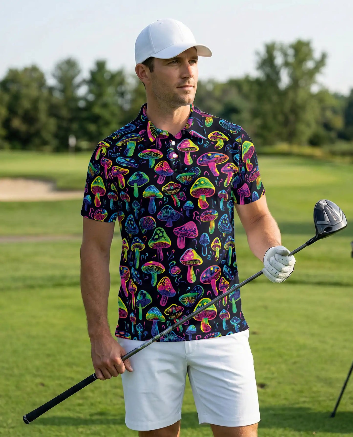 Neon Mushroom Pattern Hawaiian Polo Shirt | Netecom