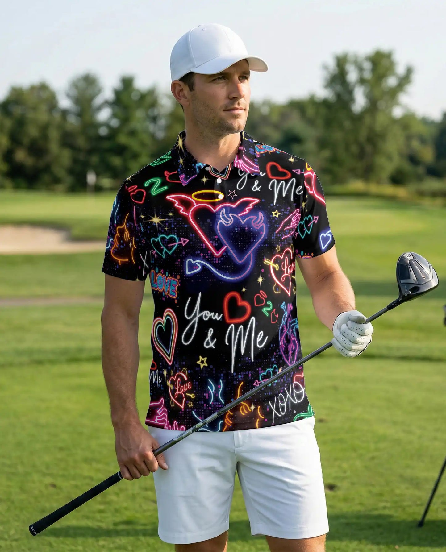 Neon Valentine Polo Shirt – Retro Love Heart Glow Print | Netecom