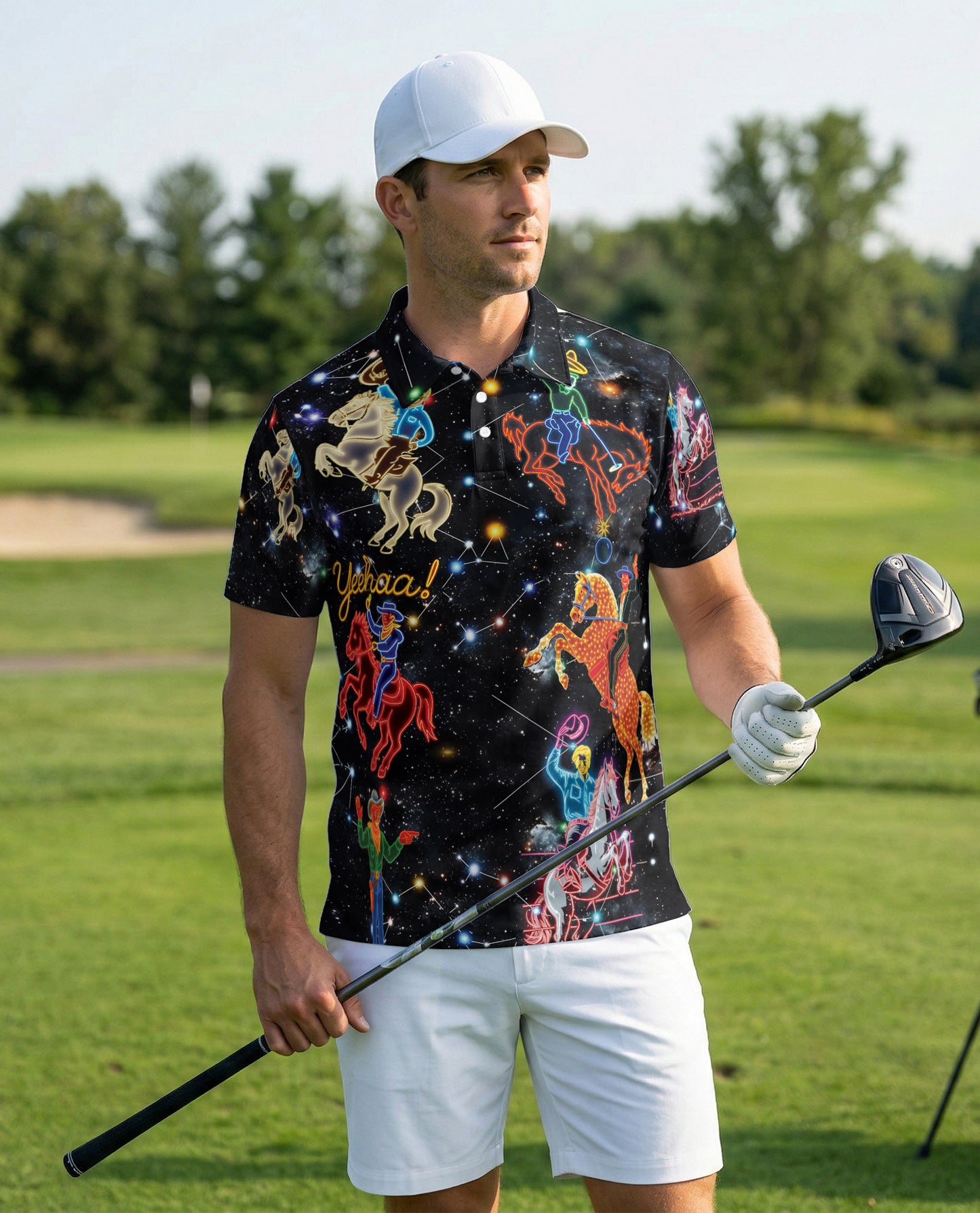 Cosmic Cowboy Polo Shirt – Neon Rodeo Galaxy Print | Netecom
