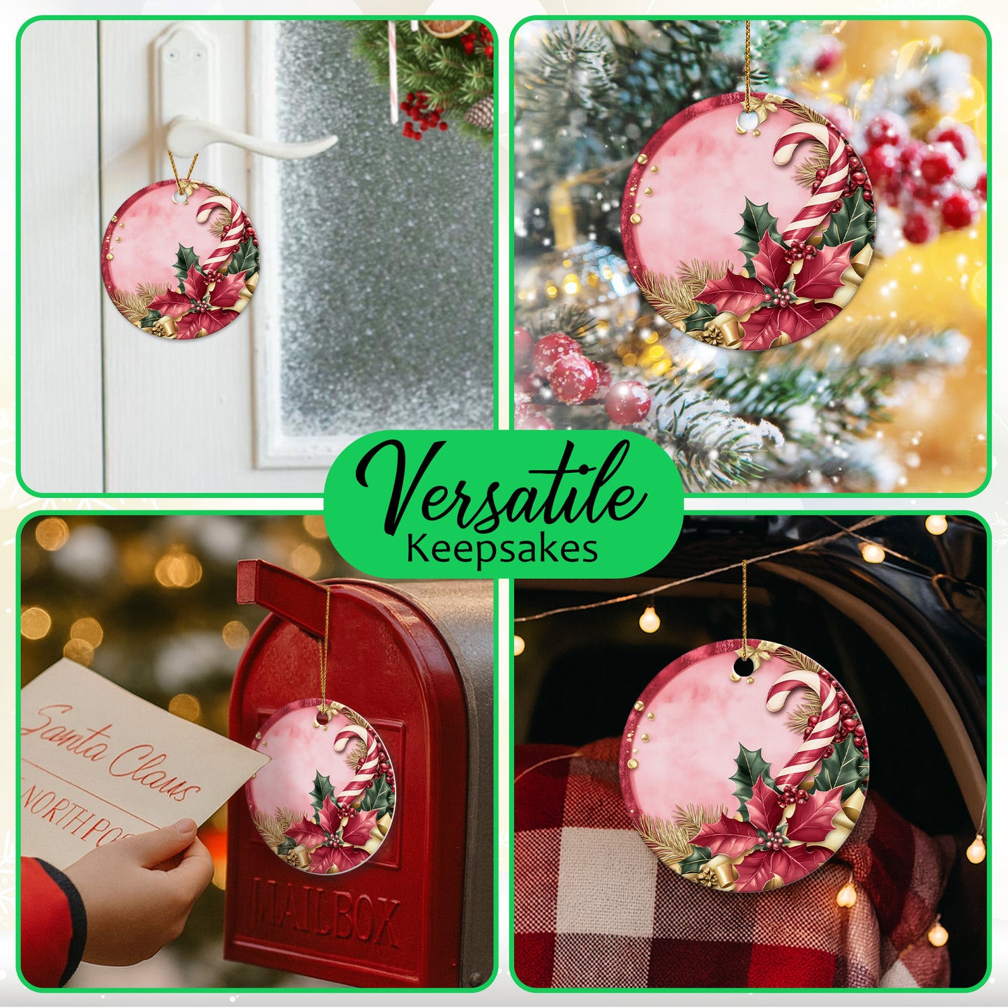 Netecom Elegant Pink Poinsettia and Holly Berries Leaves Christmas Ornament, Ceramic Candy Cane Keepsake Ornament for Xmas Tree Decorations, Gifts for Holiday, Party, Home Decor