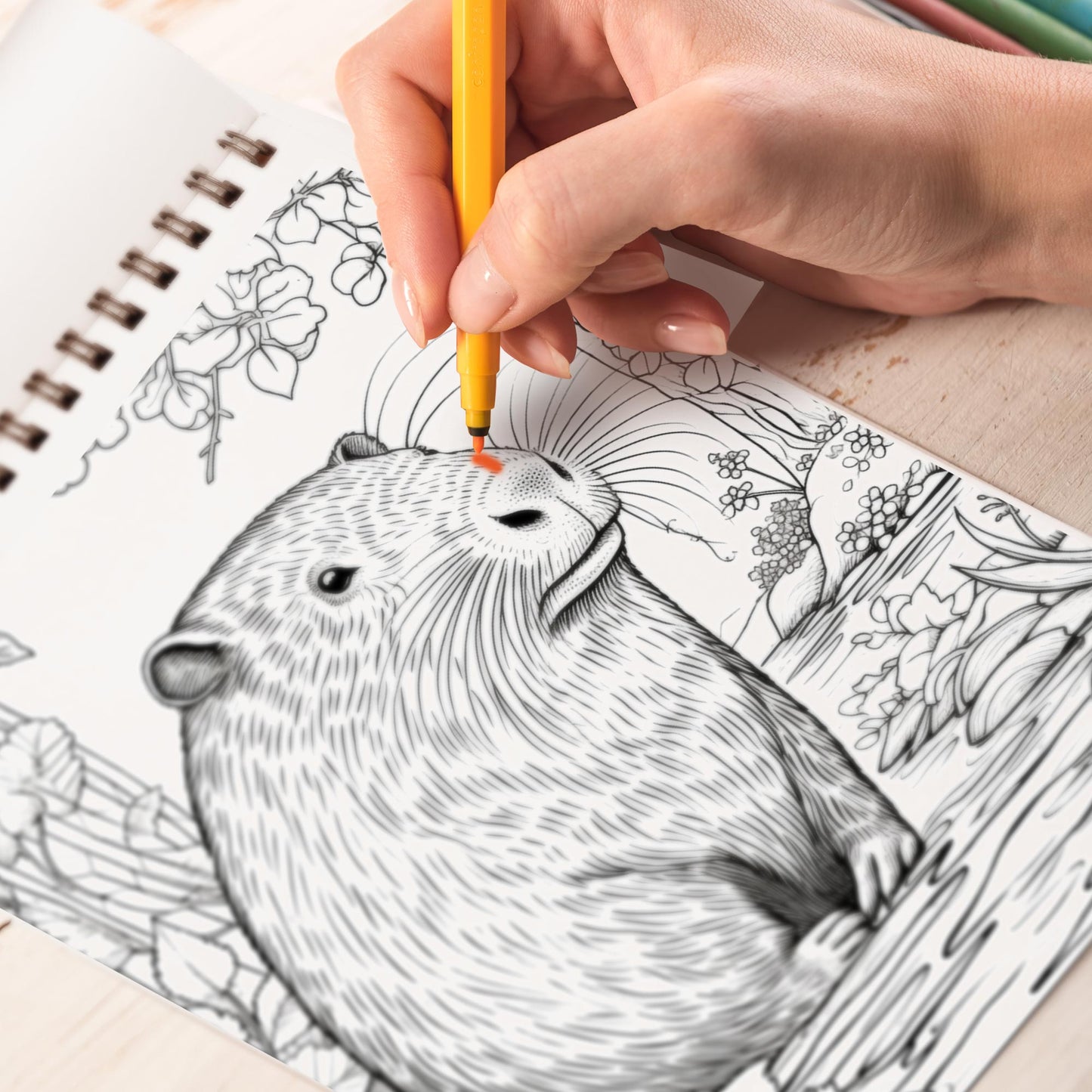 Capybara Spiral Bound Coloring Book, Discover 30 Serene Coloring Pages, Depicting Capybaras Enjoying the Water and Surrounding Wildlife