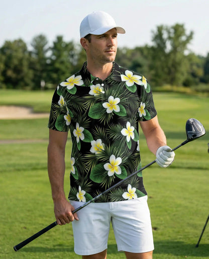 Tropical Plumeria Floral Polo Shirt for Men- Palm Leaf  Shirt | Netecom