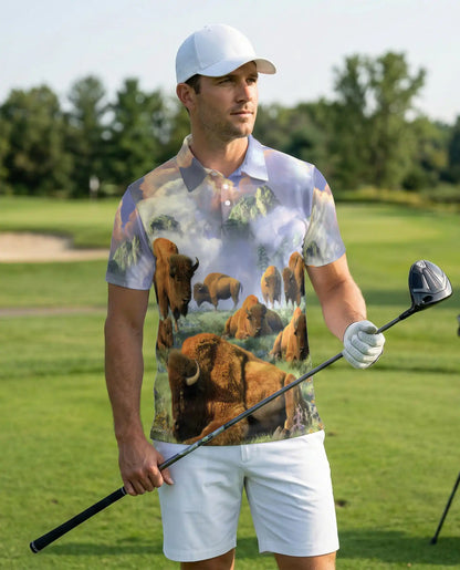 Mystical Bison Polo Shirt for Men – Majestic Wildlife Landscape | Netecom