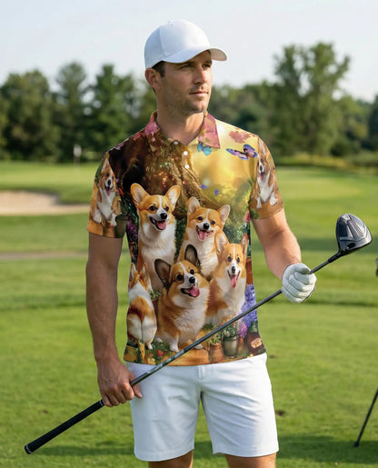 Cute Corgi Garden 3D Polo Shirt for Men – Fantasy Dog Nature Style | Netecom