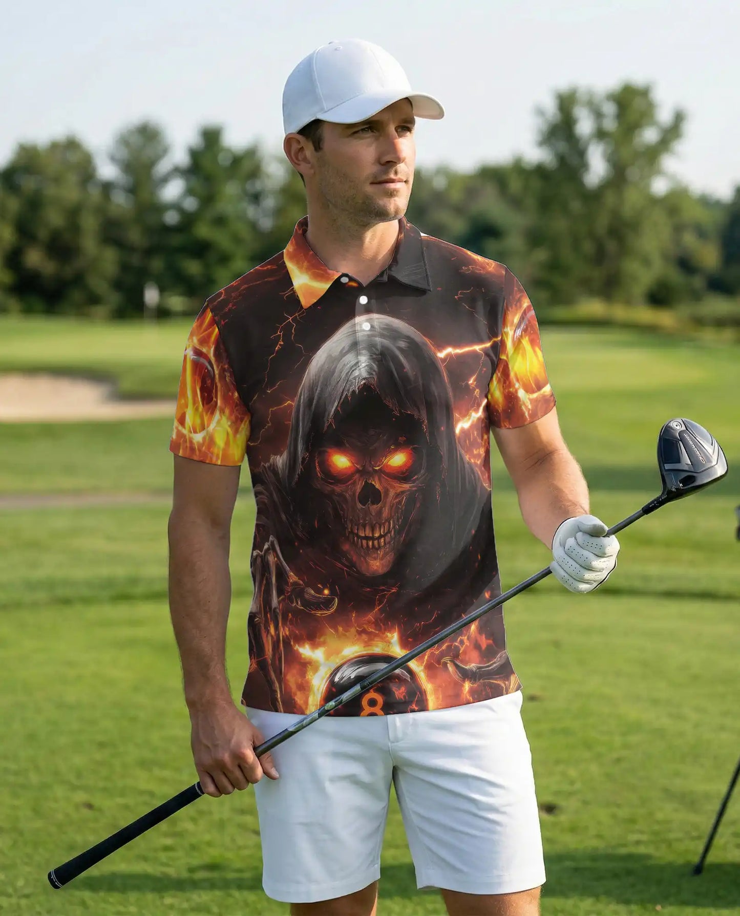Dark Grim Reaper Skull 3D Polo Shirt for Men – Fiery Gothic Horror Style | Netecom