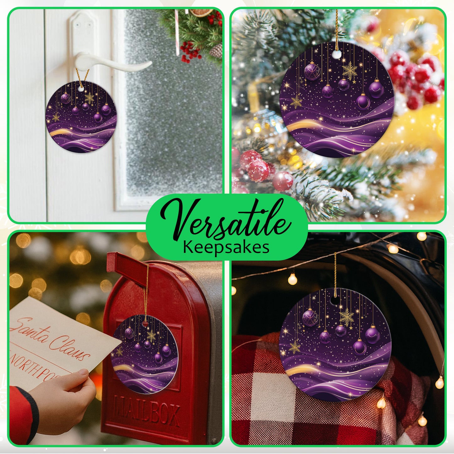 Netecom Elegant Purple Abstract Baubles Christmas Ornaments, Ceramic Star Night Gold Sparkle Keepsake Ornament for Xmas Tree Decorations, Gifts for Holiday, Party, Home Decor
