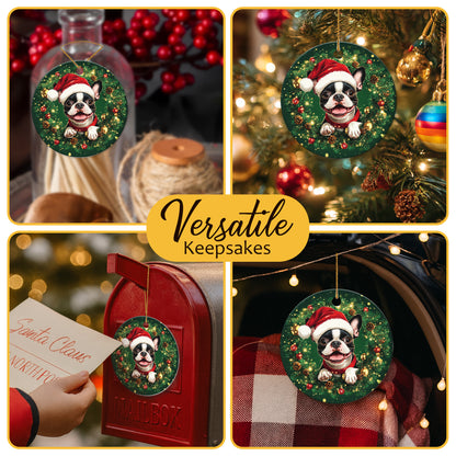 Netecom Cute Boston Terrier in Santa Hat Christmas Ornament, Bostie Dog Ceramic Ornament for Xmas Tree Hanging Decorations Gift, Puppy Lover Gifts, Home Decor, Holiday Party Present