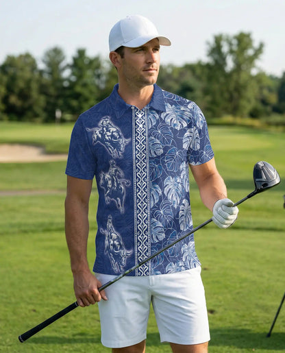 Blue Rodeo Cowboy Hawaiian Polo Shirt | Western Bull Rider Shirt | Netecom