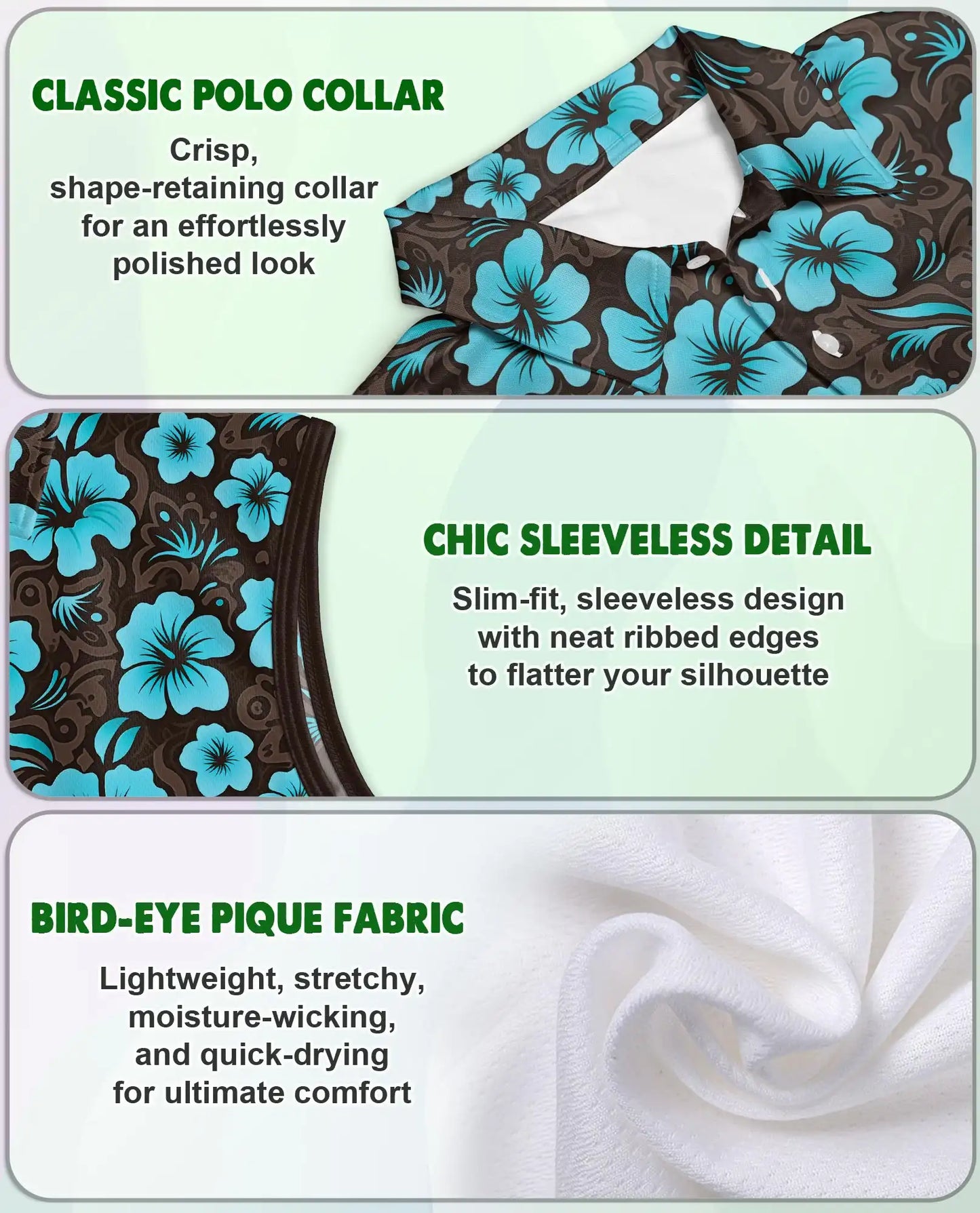 Cyan Hibiscus Print Sleeveless Polo Shirt for Women | Netecom