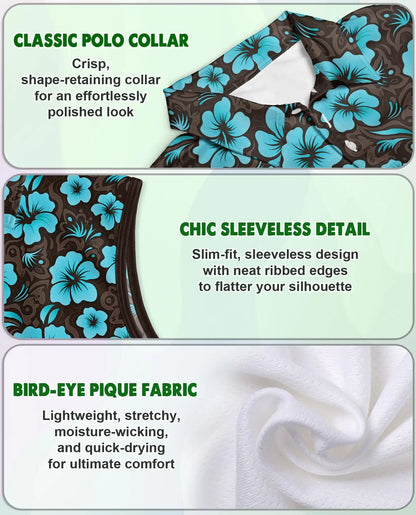 Cyan Hibiscus Print Sleeveless Polo Shirt for Women | Netecom