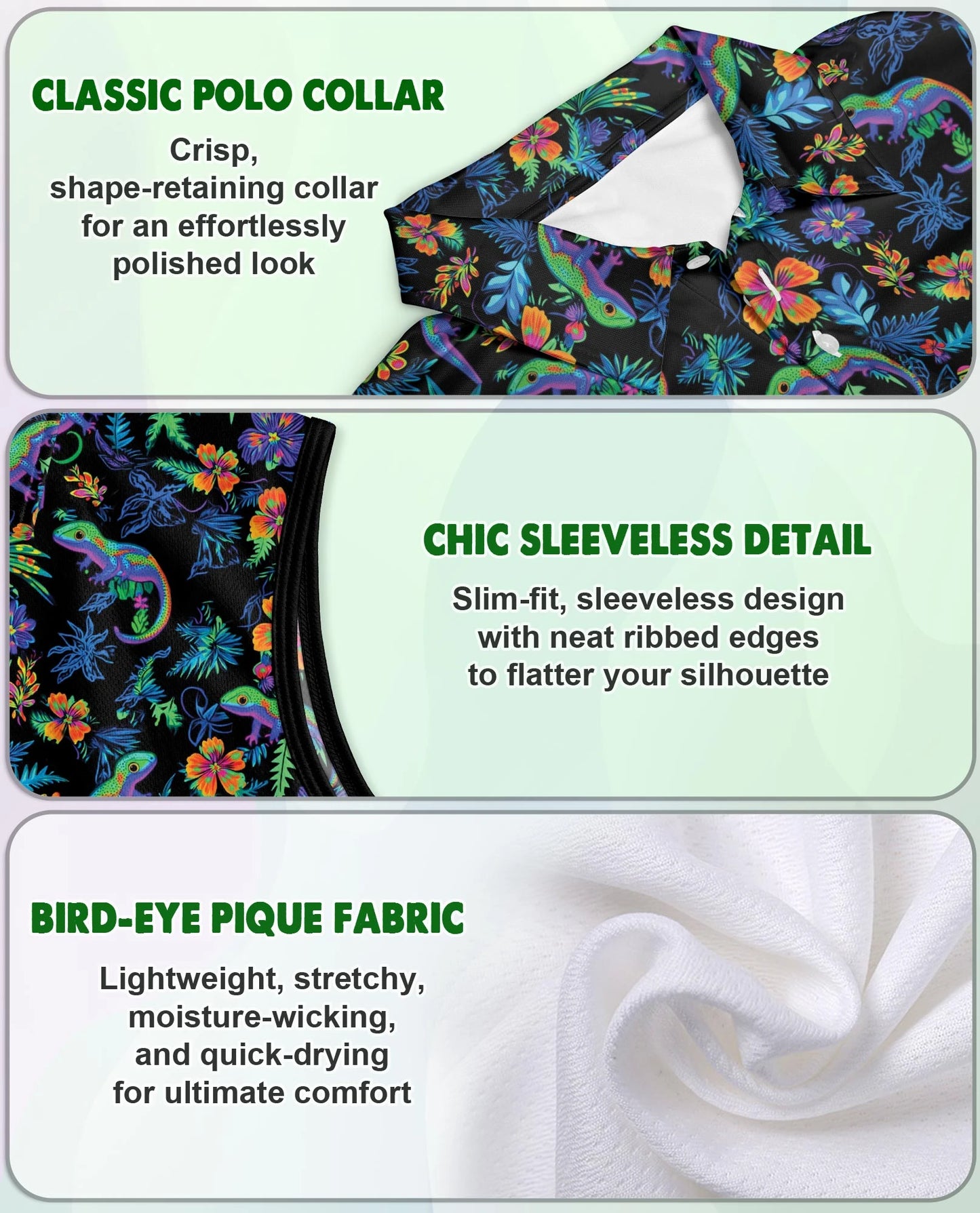 Colorful Gecko Pattern Sleeveless Polo Shirt for Women | Netecom