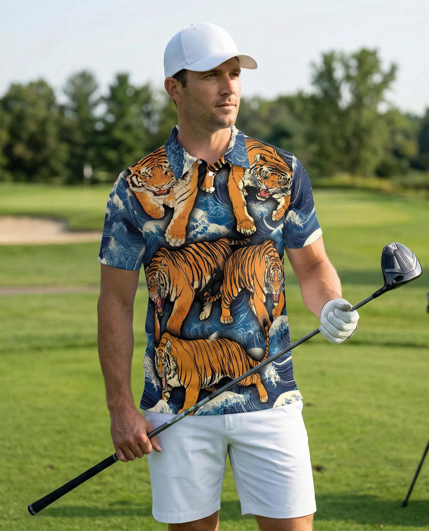 Tiger Wave 3D Polo Shirt for Men – Japanese Ocean Animal Style | Netecom