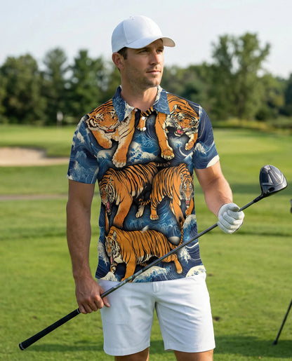 Tiger Wave 3D Polo Shirt for Men – Japanese Ocean Animal Style | Netecom