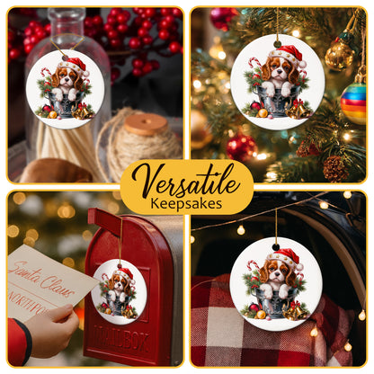 Netecom Cute Cavalier King Charles Spaniel in Bucket Ornament, Dog with Santa Hat Ceramic Ornament for Christmas Tree Hanging Decorations Gift, Puppy Lover Gifts, Holiday Party Present