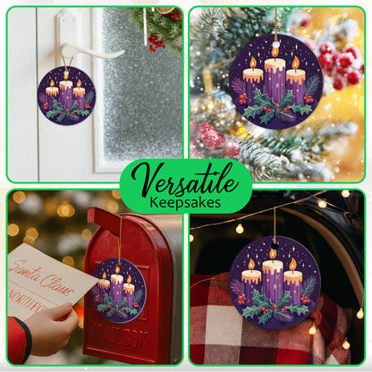 Netecom Purple Candles Christmas Ornaments, Elegant Ceramic Candles & Holly Keepsake Ornament for Christmas Tree Decorations, Gifts for Holiday, Party, Home Decor