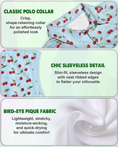 Light Blue Cherry Sleeveless Polo Shirt for Women – Sweet Fruit Summer Style | Netecom