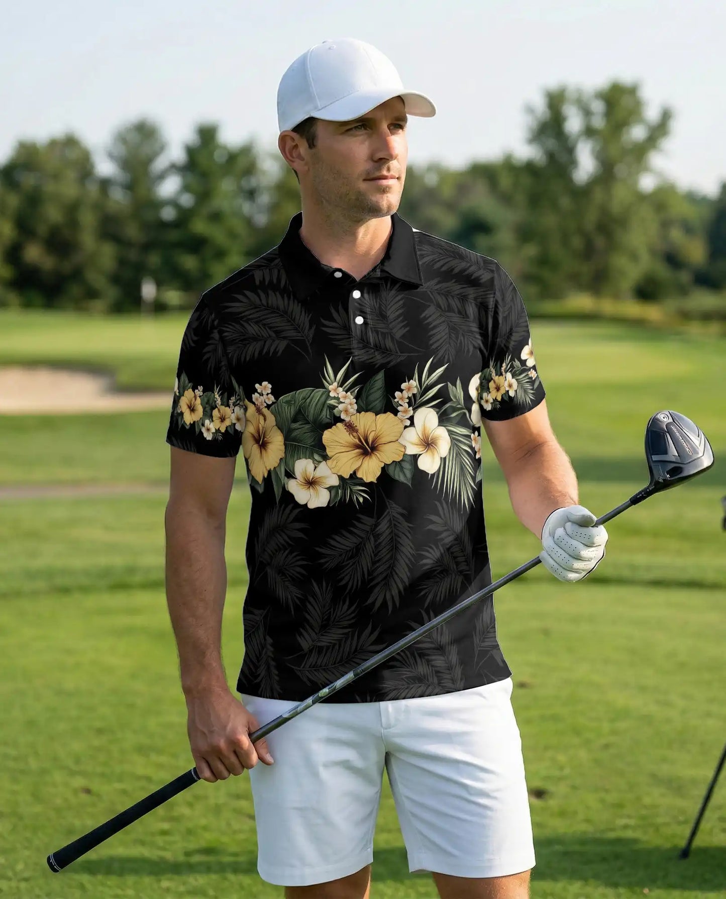 Black Tropical Hibiscus 3D Polo Shirt for Men – Hawaiian Floral Island Style | Netecom