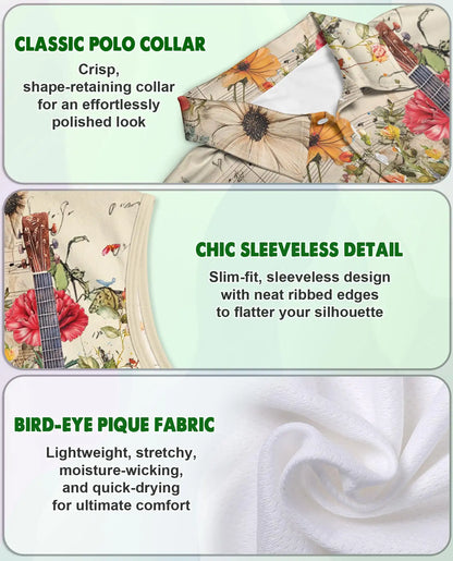 Vintage Flower Ukulele Sleeveless Polo Shirt for Women – Boho Music Style | Netecom