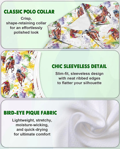 Horse Racing Pattern Sleeveless Polo Shirt for Women – Equestrian Sport Style | Netecom