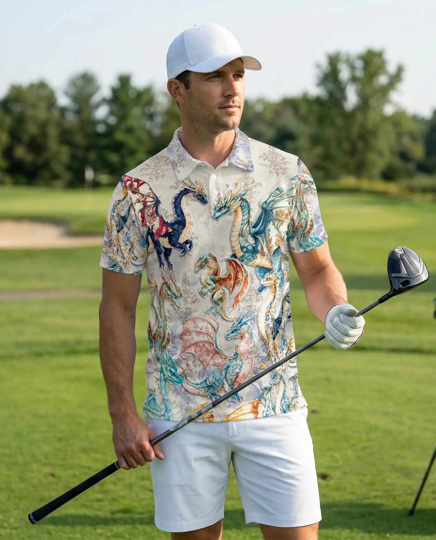 Elegant Fantasy Dragon 3D Polo Shirt for Men – Medieval Mythical Creature Style | Netecom