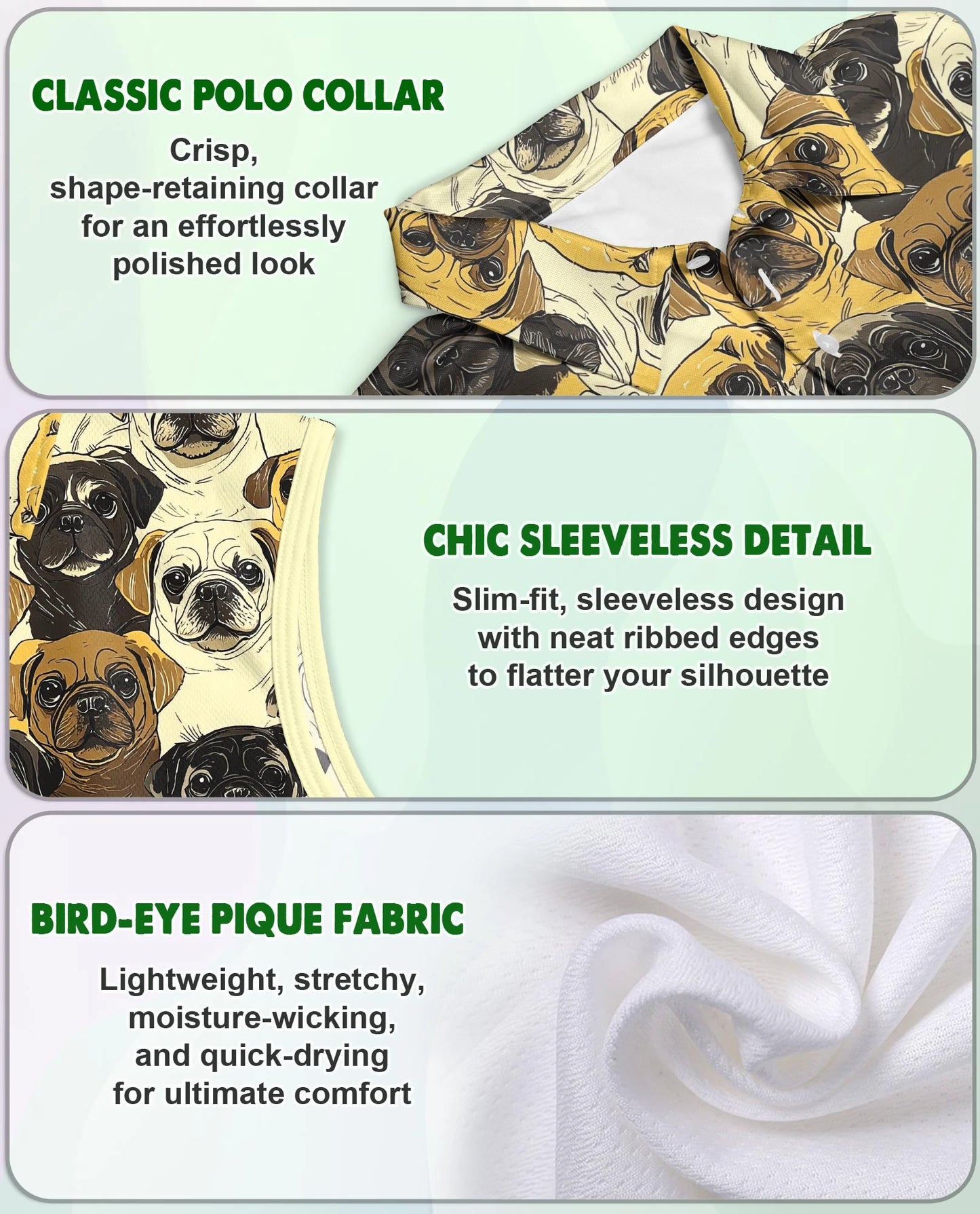 Pug Dog Pattern Sleeveless Polo Shirt for Women | Netecom