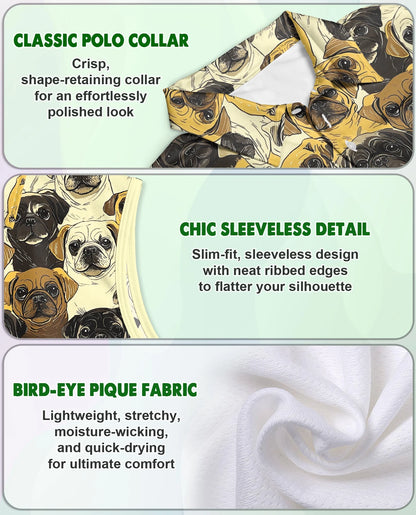 Pug Dog Pattern Sleeveless Polo Shirt for Women | Netecom