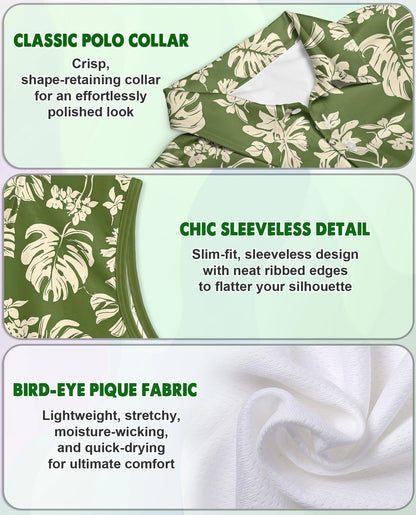 Green Monstera Leaf Sleeveless Polo Shirt for Women – Tropical Botanical Style | Netecom