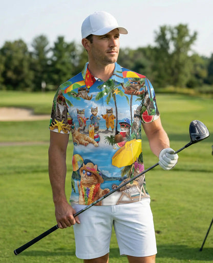 Funny Beach Cats Polo Shirt for Men-Tropical Vacation Summer Shirt | Netecom