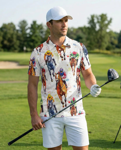 Watercolor Horse Racing 3D Polo Shirt for Men – Jockey Derby Sports Style | Netecom