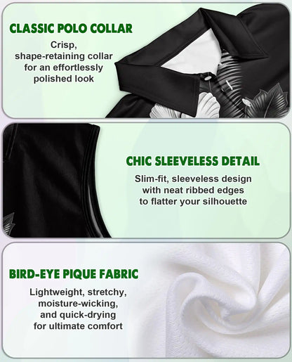 Black And White Hibiscus Polynesian Sleeveless Polo Shirt for Women | Netecom