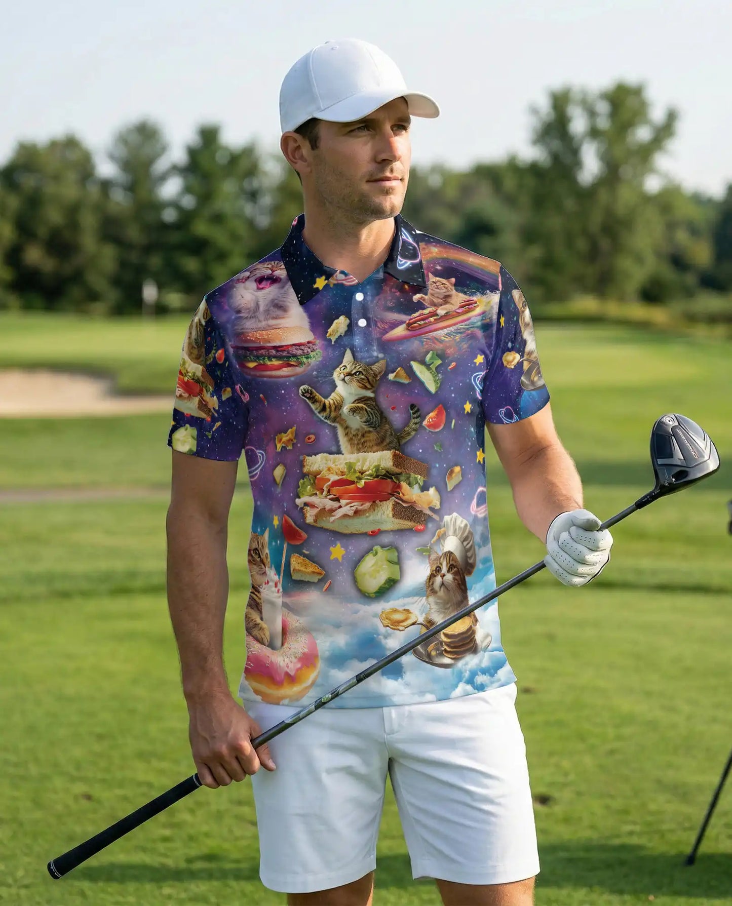 Space Cat Food 3D Polo Shirt for Men – Funny Cosmic Kitty Style | Netecom