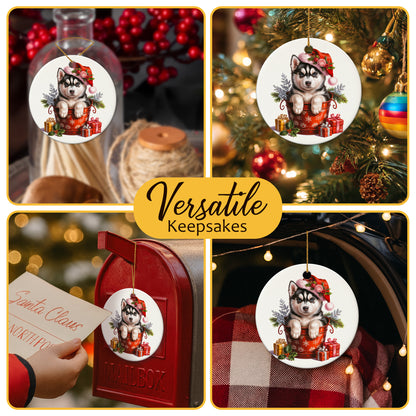 Netecom Cute Husky in Bucket Ornament, Dog with Santa Hat Ceramic Ornament for Christmas Tree Hanging Decorations Gift, Puppy Lover Gifts, Home Decor, Holiday Party Present