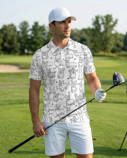 Cute Corgi Sketch 3D Polo Shirt for Men – Minimal Dog Lover Style | Netecom