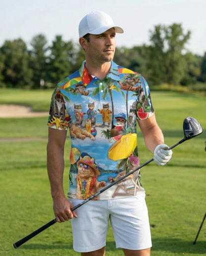 Funny Beach Cat Polo Shirt for Men-Tropical Cat Lover Shirt | Netecom