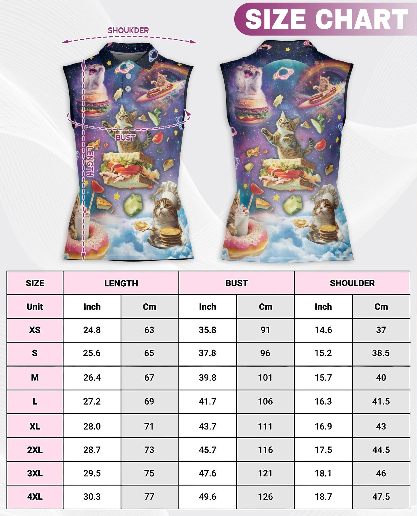 Cosmic Cat Food Adventure Sleeveless Polo Shirt for Women | Netecom
