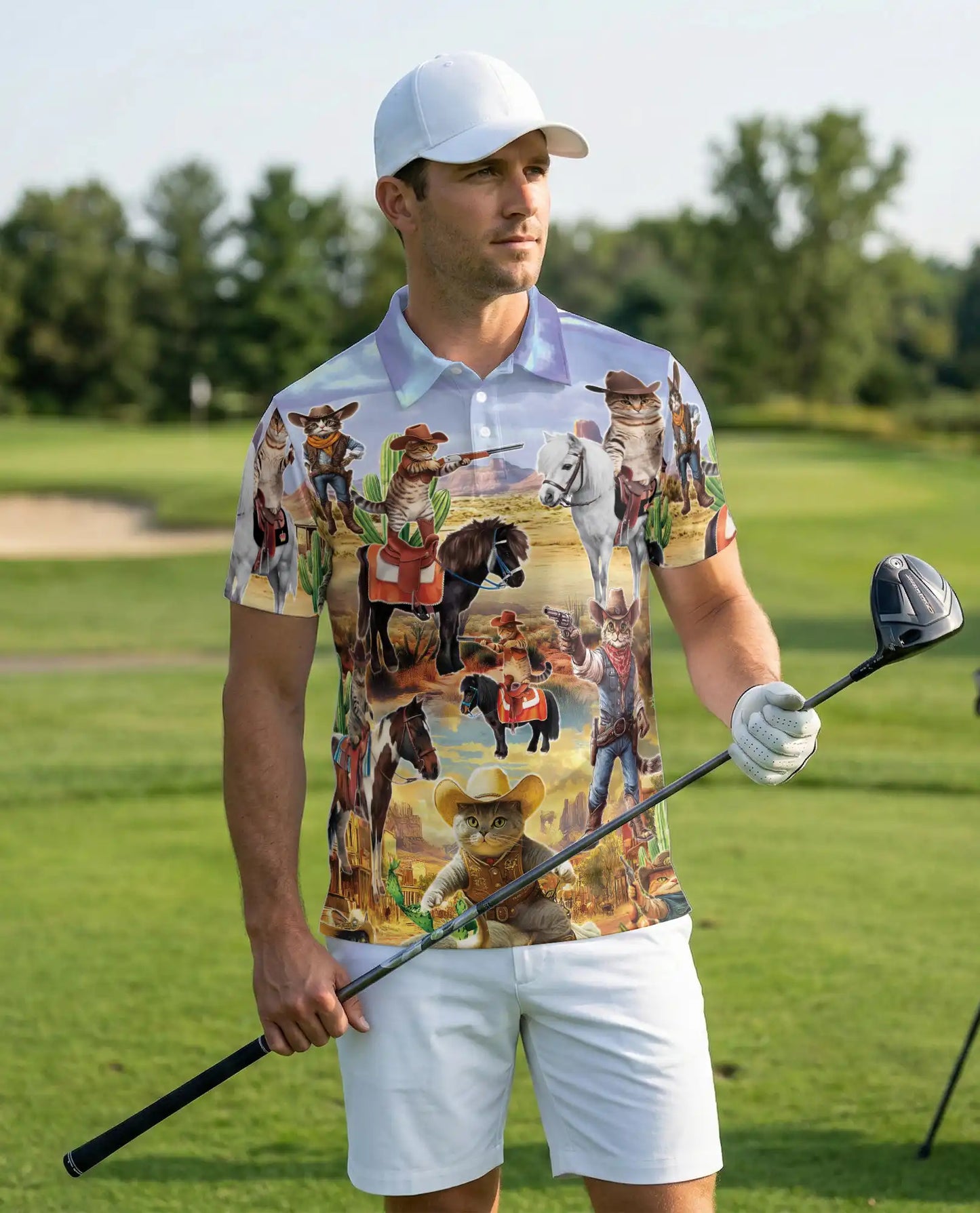 Funny Cowboy Cat 3D Polo Shirt for Men – Wild West Western Pet Style | Netecom