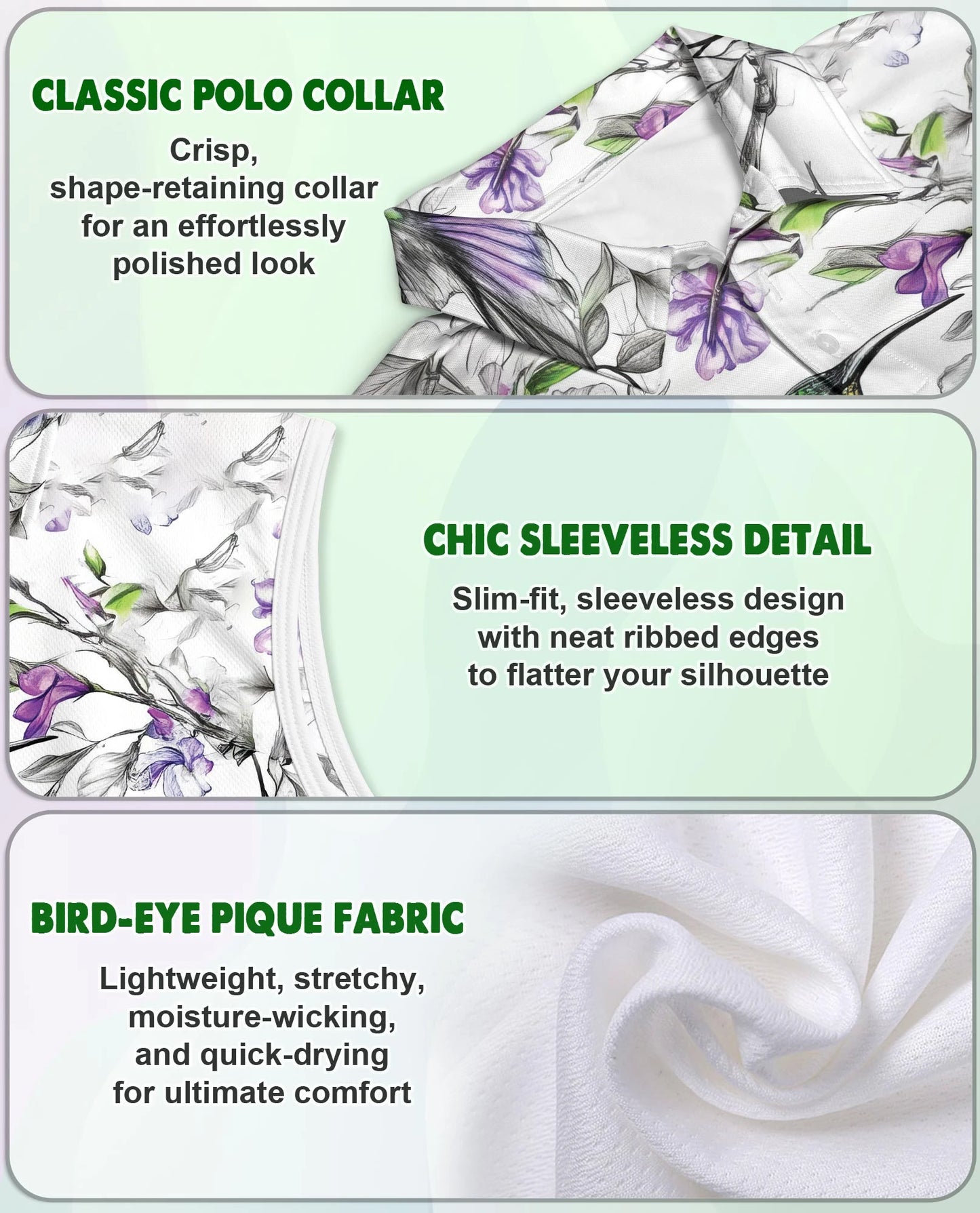 Vintage Hummingbirds Sleeveless Polo Shirt for Women | Netecom