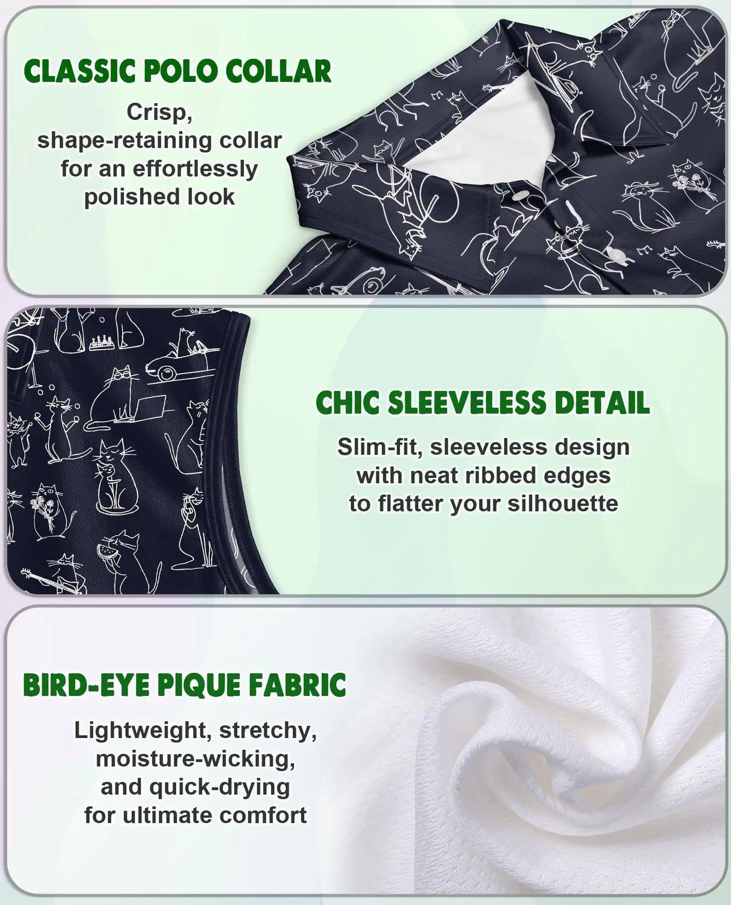 Navy Cat Doodle Sleeveless Polo Shirt for Women – Cute Feline Style | Netecom